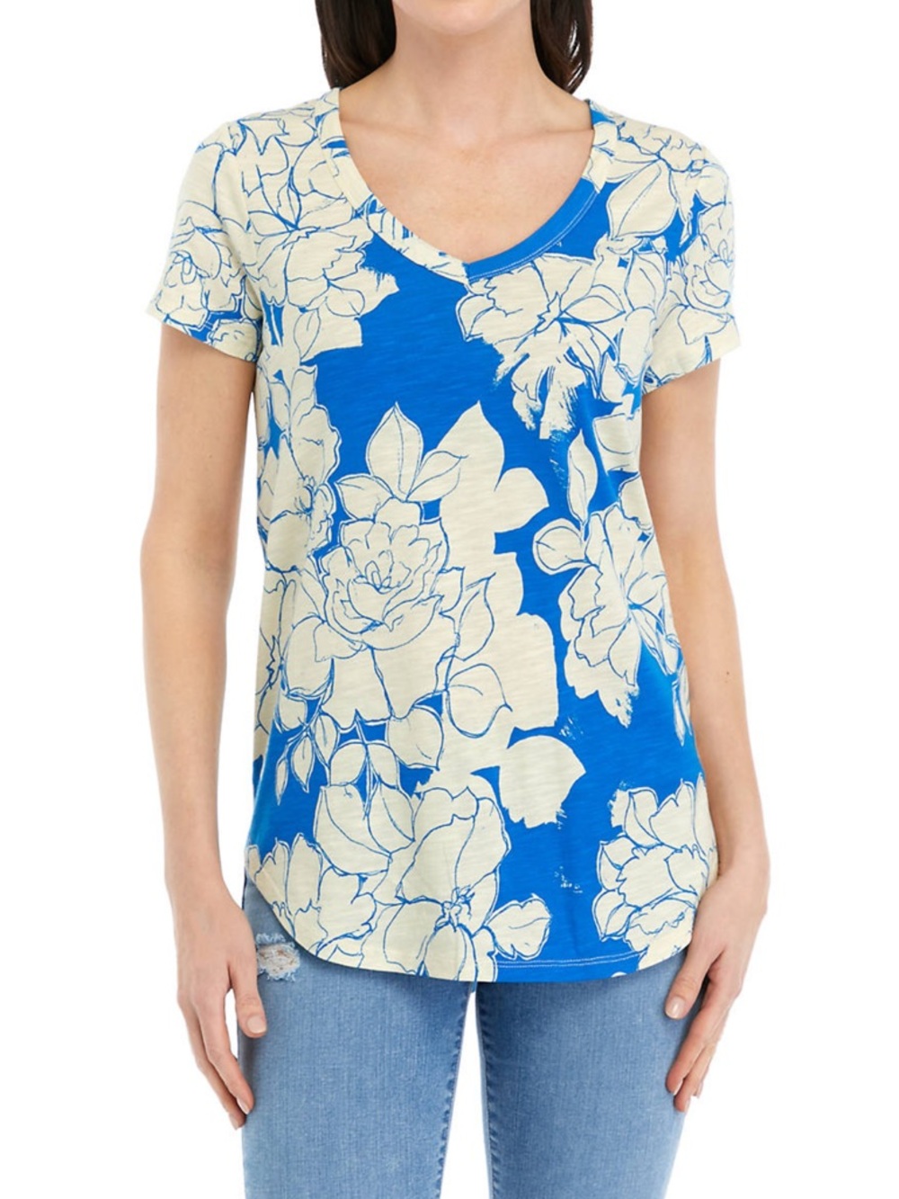 NWOT women’s Blue and Cream Floral V-Neck Tee